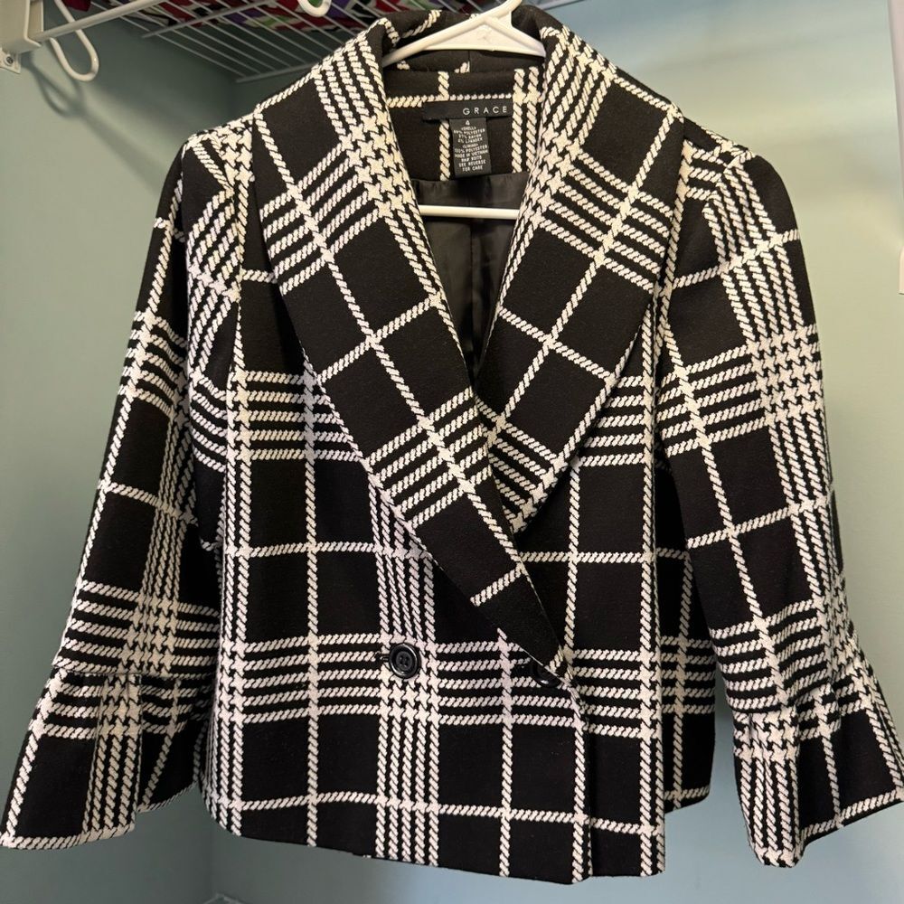 Grace Women’s Window Pane Blazer SZ 4 – Black & White, Bell Sleeves - Picture 1 of 5